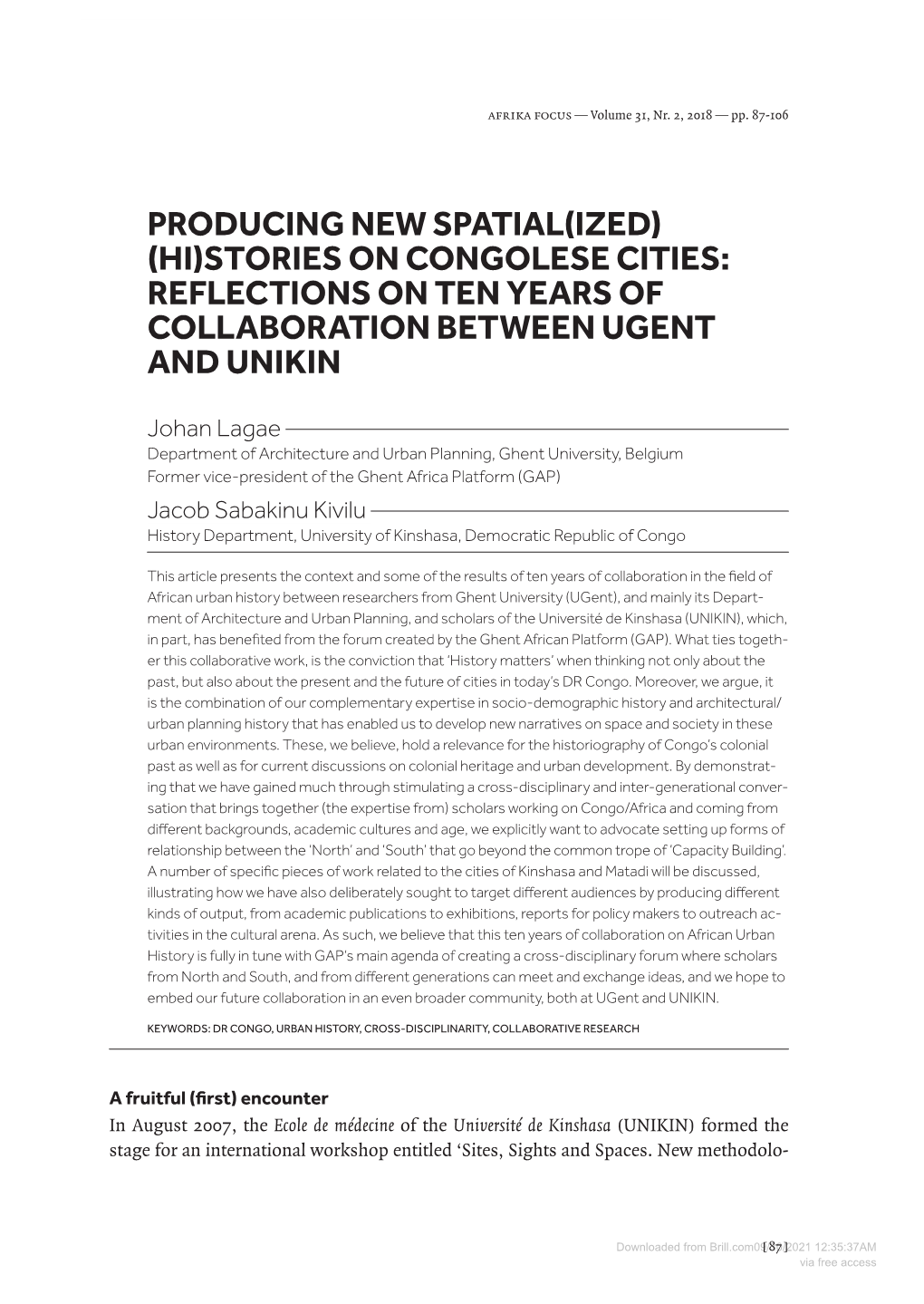 Downloaded from Brill.Com09/30/2021[ 87 ] 12:35:37AM Via Free Access JOHAN LAGAE & JACOB SABAKINU KIVILU PRODUCING NEW SPATIAL(IZED) (HI)STORIES on CONGOLESE CITIES