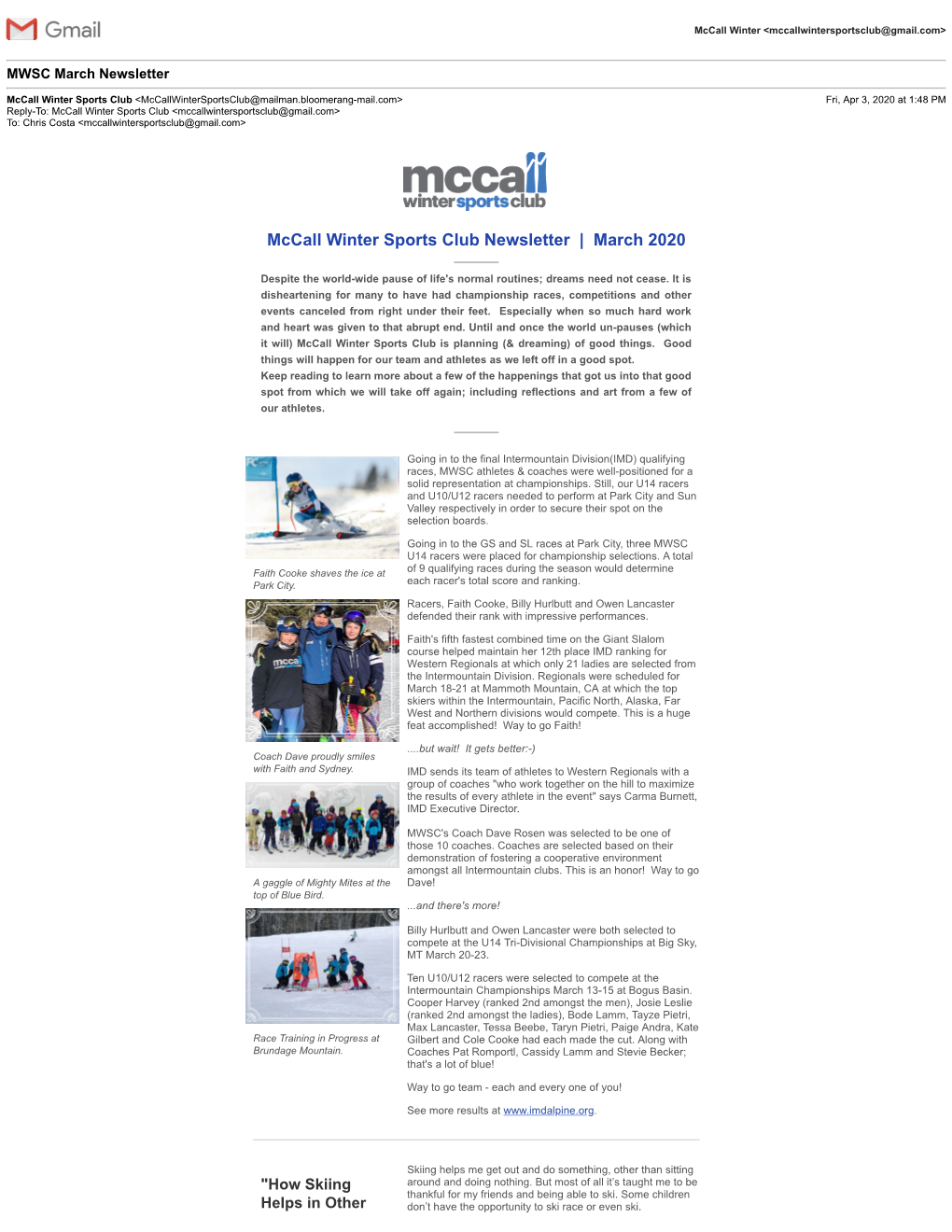 Mccall Winter Sports Club Newsletter | March 2020