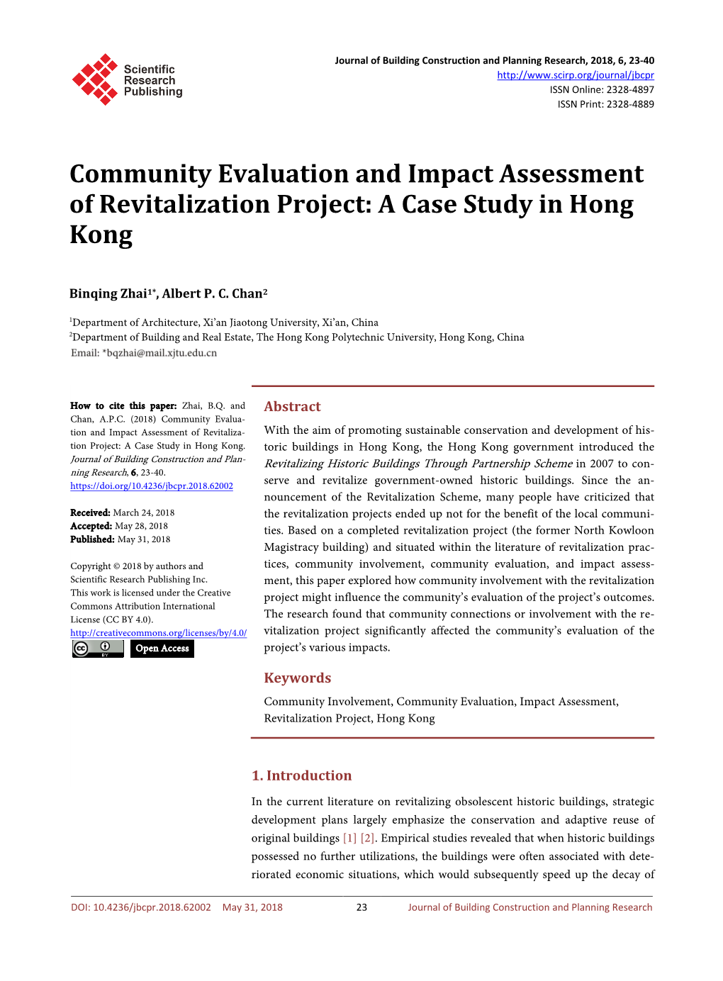 Community Evaluation and Impact Assessment of Revitalization Project: a Case Study in Hong Kong