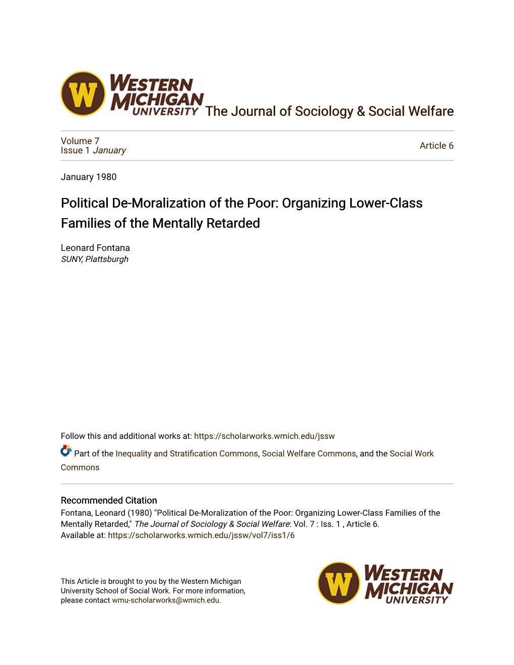 Political De-Moralization of the Poor: Organizing Lower-Class Families of the Mentally Retarded