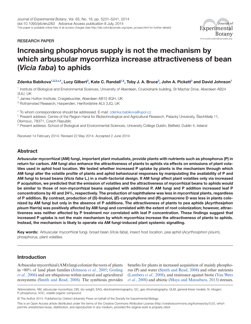 Increasing Phosphorus Supply Is Not the Mechanism by Which Arbuscular Mycorrhiza Increase Attractiveness of Bean (Vicia Faba) to Aphids