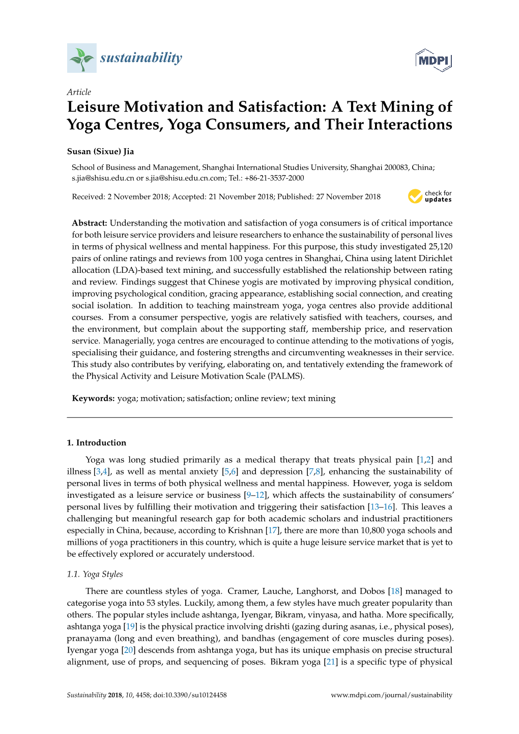 Leisure Motivation and Satisfaction: a Text Mining of Yoga Centres, Yoga Consumers, and Their Interactions