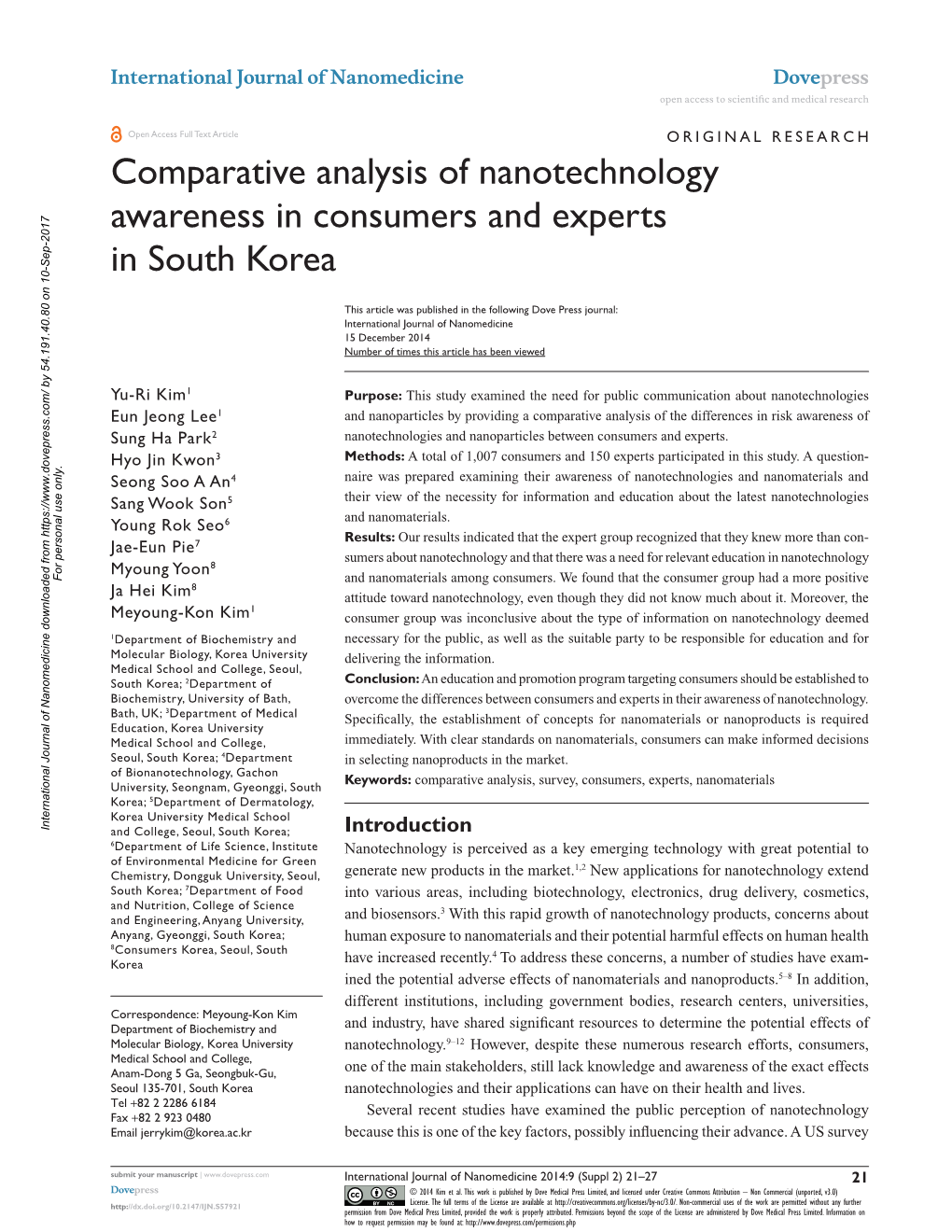 Comparative Analysis of Nanotechnology Awareness in Consumers and Experts in South Korea