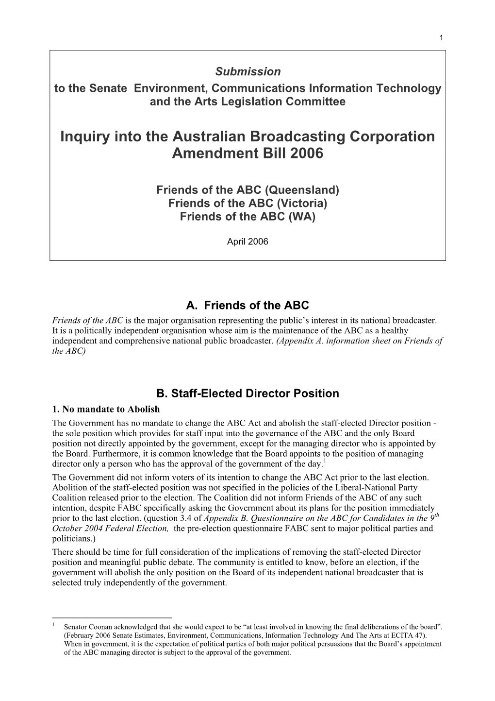 Submission to the Senate Environment, Communications Information Technology and the Arts Legislation Committee