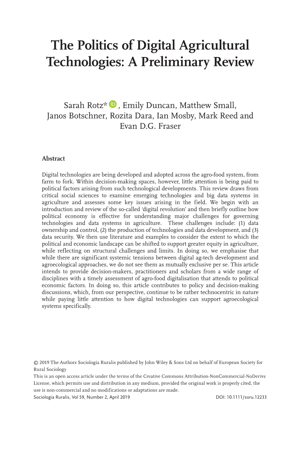 The Politics of Digital Agricultural Technologies: a Preliminary Review