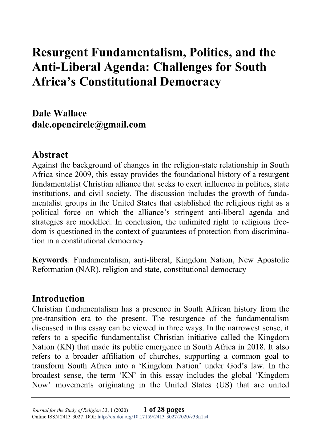 Resurgent Fundamentalism, Politics, and the Anti-Liberal Agenda: Challenges for South Africa's Constitutional Democracy