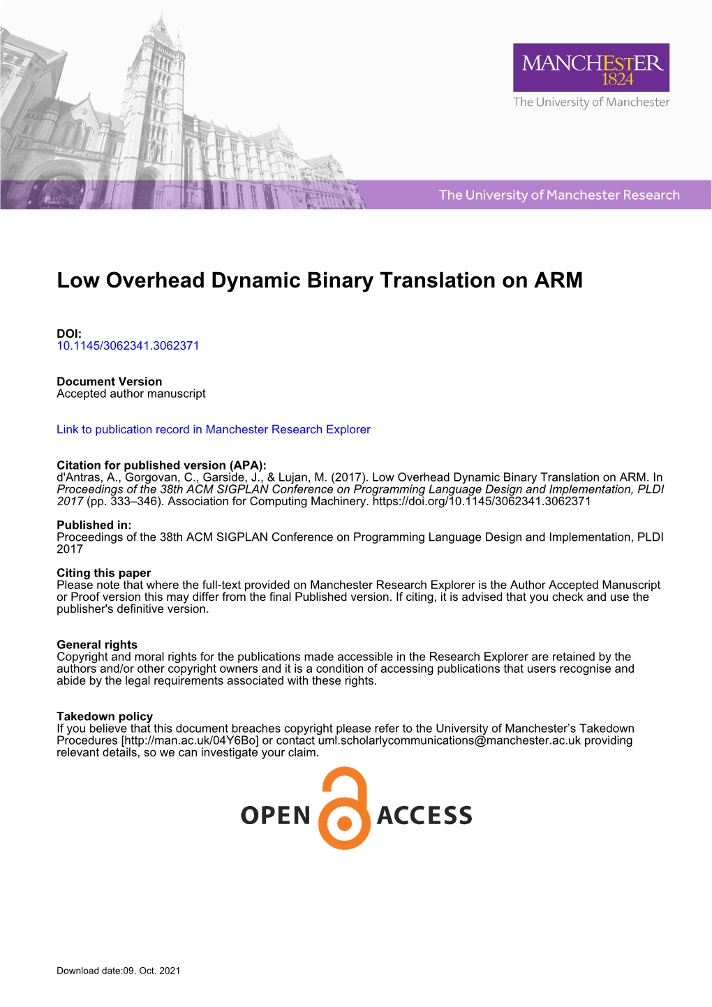 Low Overhead Dynamic Binary Translation on ARM