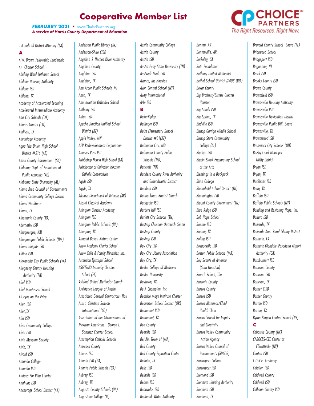 Cooperative Member List FEBRUARY 2021 • a Service of Harris County Department of Education