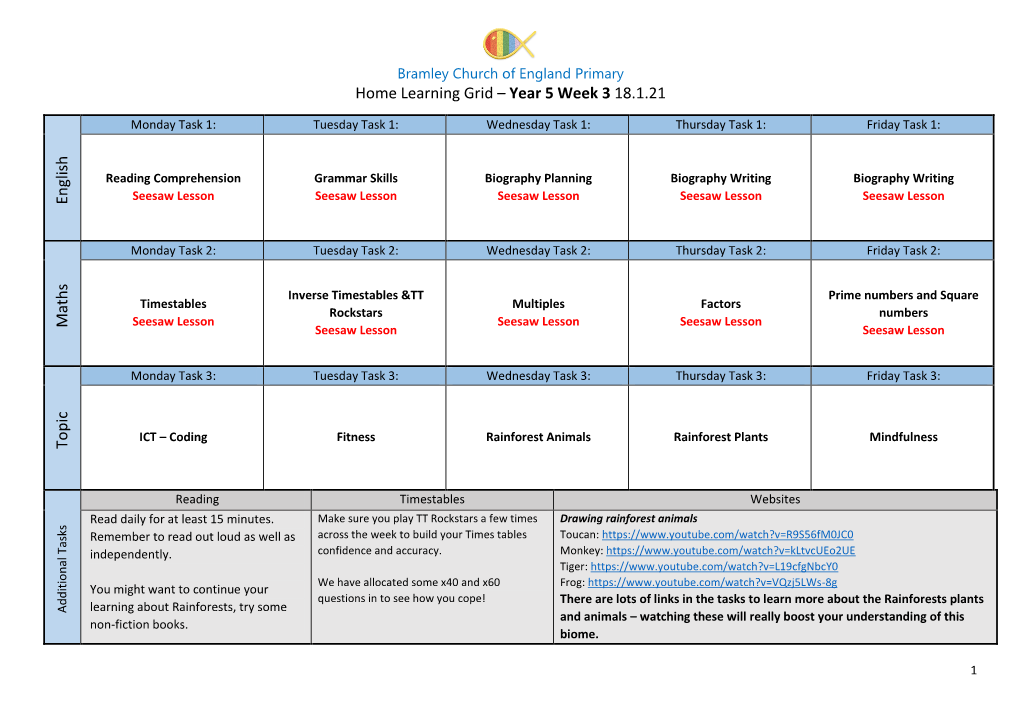 Home Learning Grid – Year 5 Week 3 18.1.21 English Maths Topic