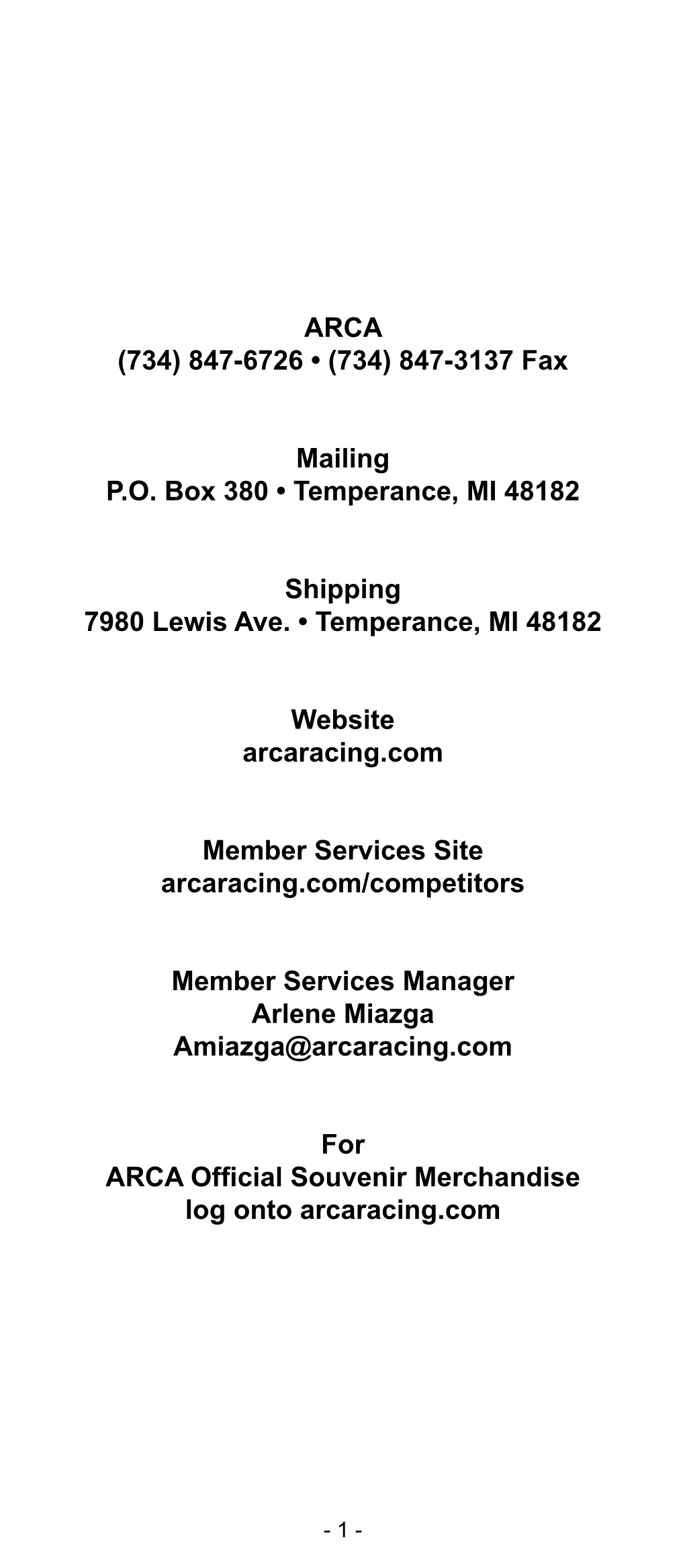 ARCA (734) 847-6726 • (734) 847-3137 Fax