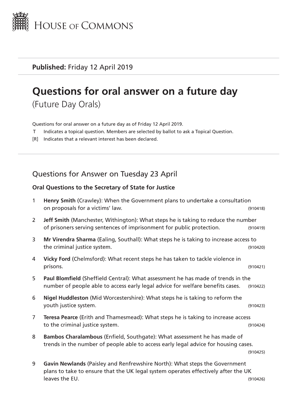 Questions for Oral Answer on a Future Day (Future Day Orals)