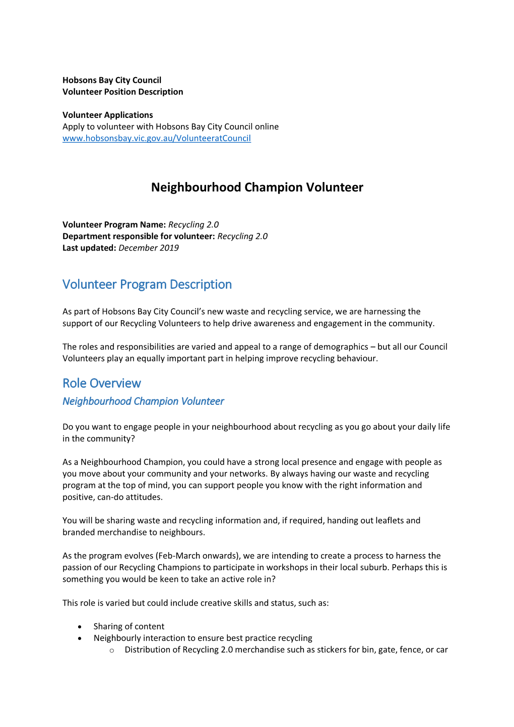 Neighbourhood Champion Volunteer