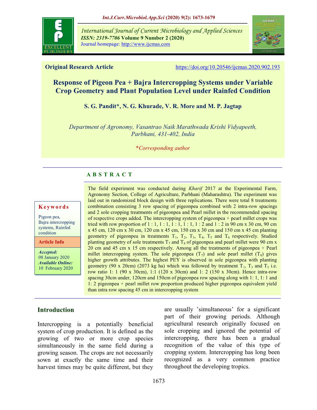 Response of Pigeon Pea + Bajra Intercropping Systems Under Variable Crop Geometry and Plant Population Level Under Rainfed Condition