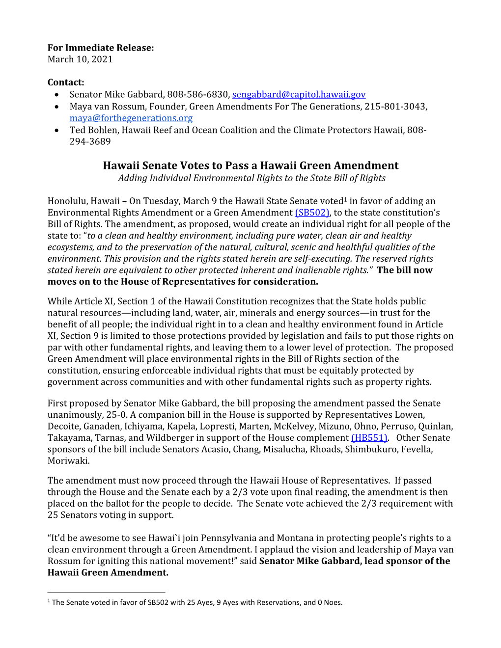 Hawaii Senate Votes to Pass a Hawaii Green Amendment Adding Individual Environmental Rights to the State Bill of Rights