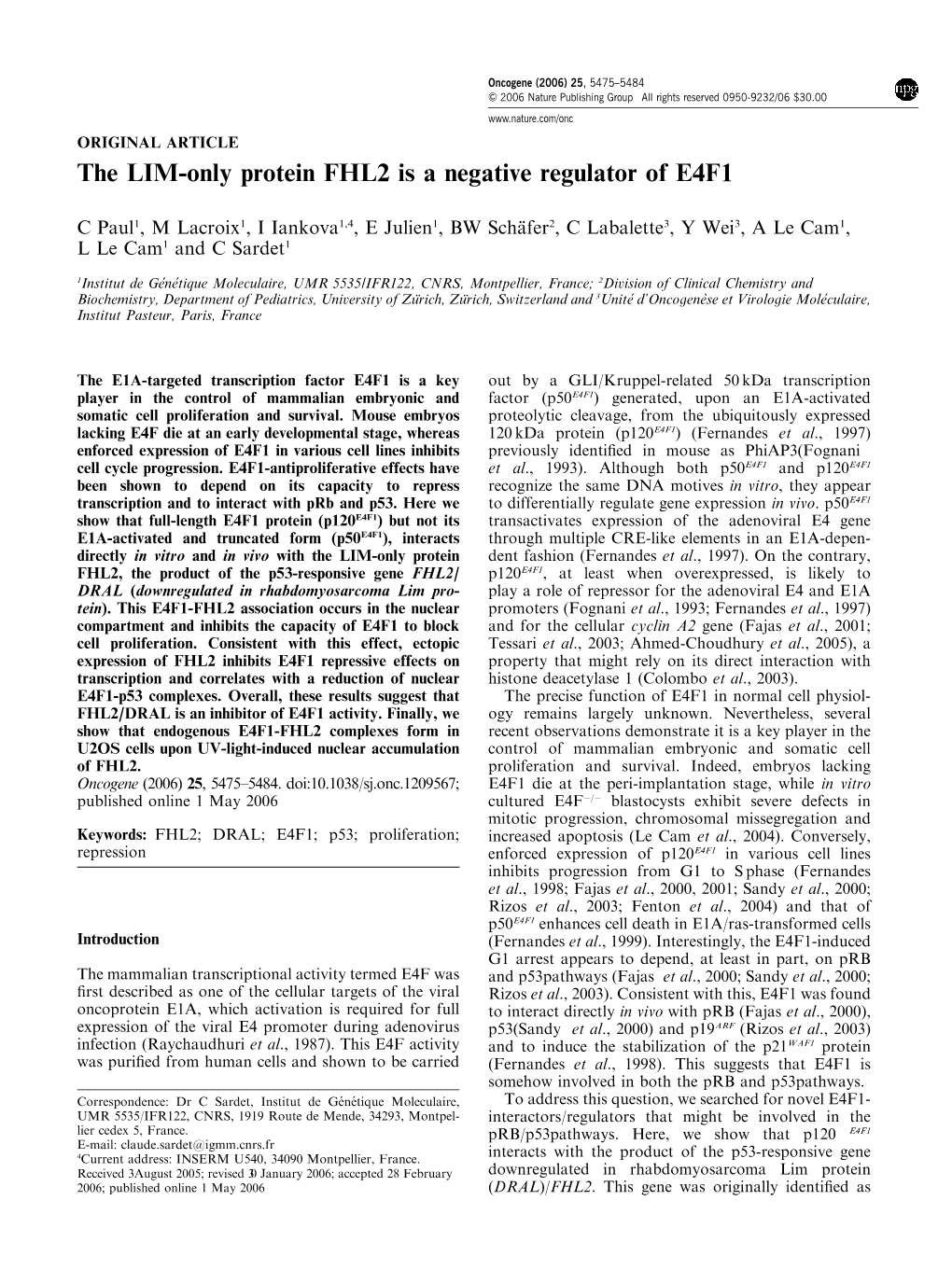 The LIM-Only Protein FHL2 Is a Negative Regulator of E4F1