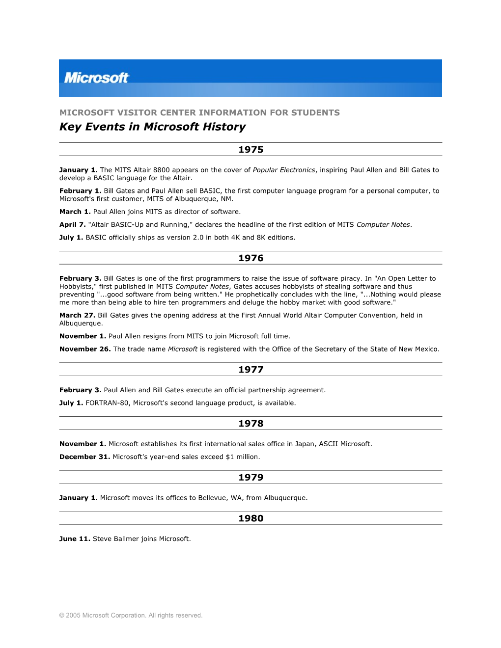 Microsoft Visitor Center Information for Students