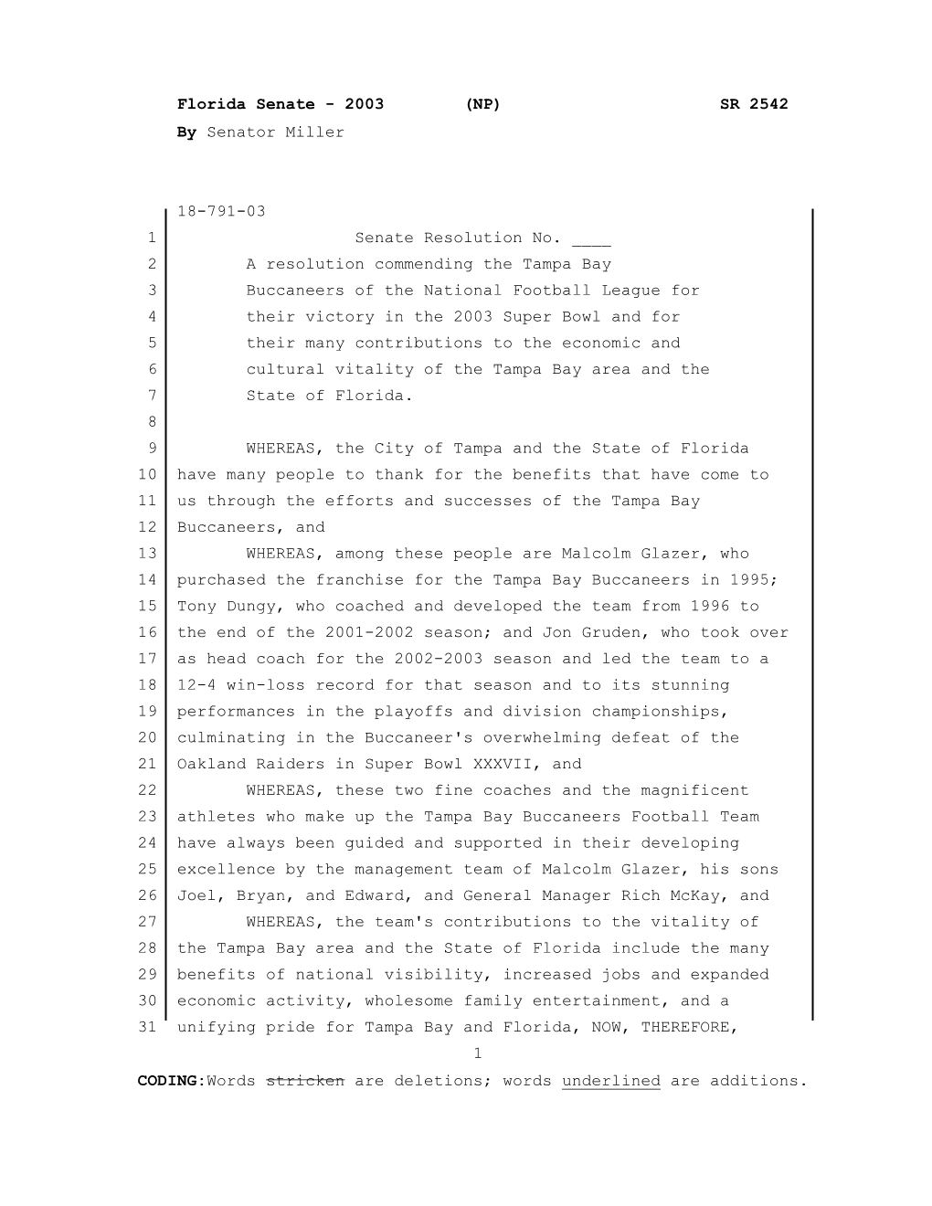 2003 (NP) SR 2542 by Senator Miller 18-791-03 1 Senate Resolution No. ___2 a Resolution Comme