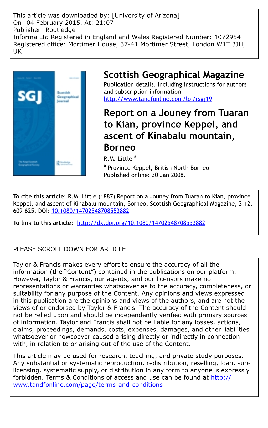 Scottish Geographical Magazine Report on a Jouney from Tuaran to Kian, Province Keppel, and Ascent of Kinabalu Mountain, Borneo