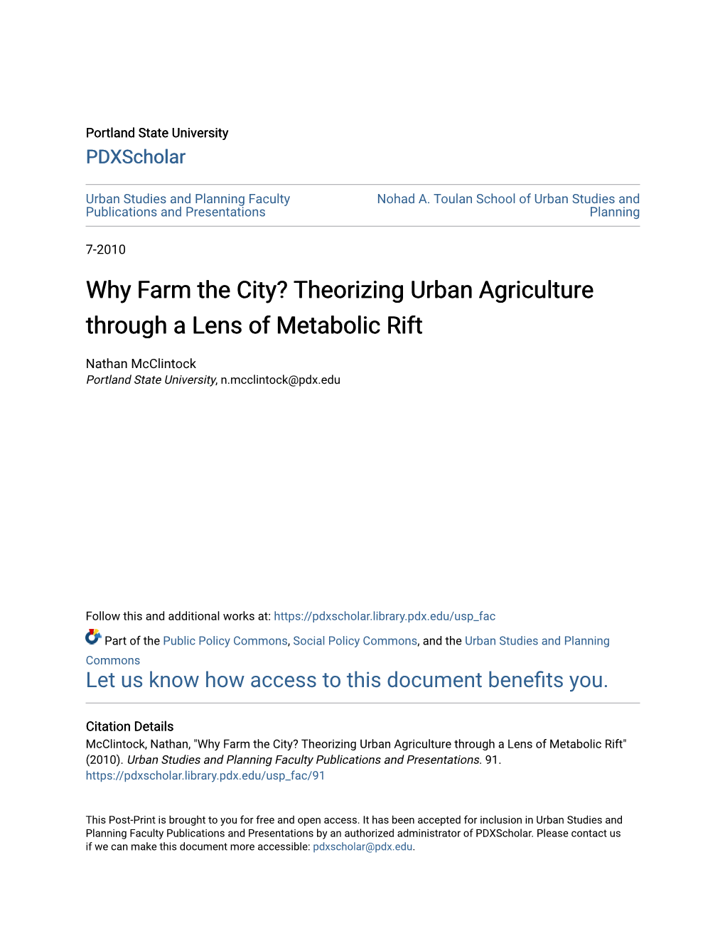 Theorizing Urban Agriculture Through a Lens of Metabolic Rift