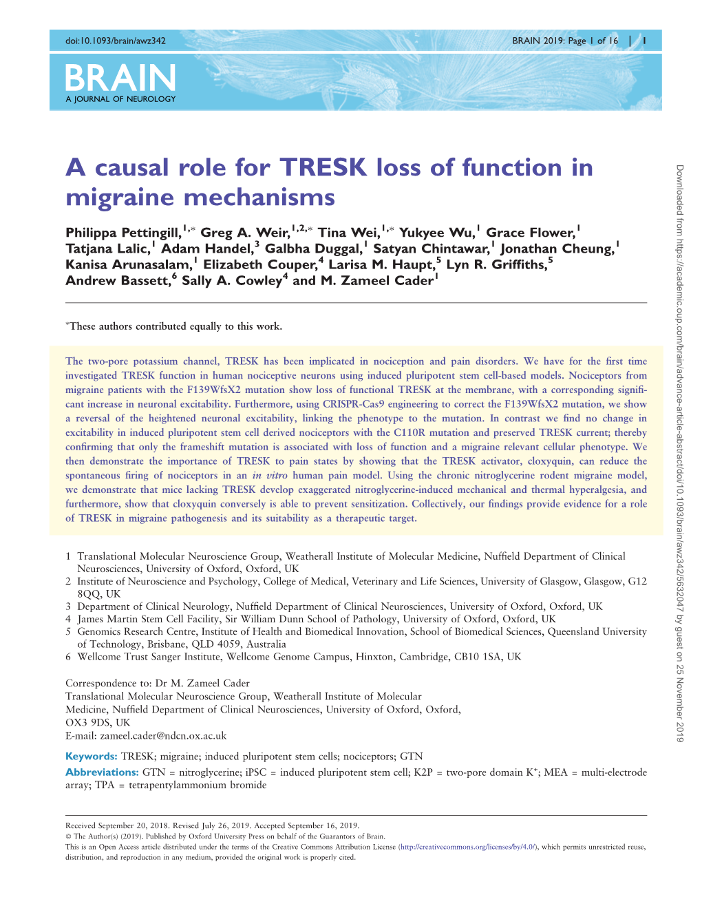 A Causal Role for TRESK Loss of Function in Migraine Mechanisms