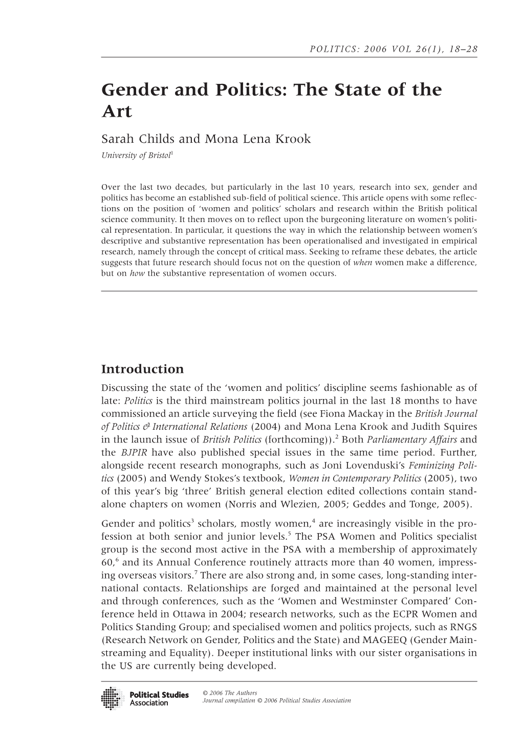Gender and Politics: the State of the Art Sarah Childs and Mona Lena Krook University of Bristol1