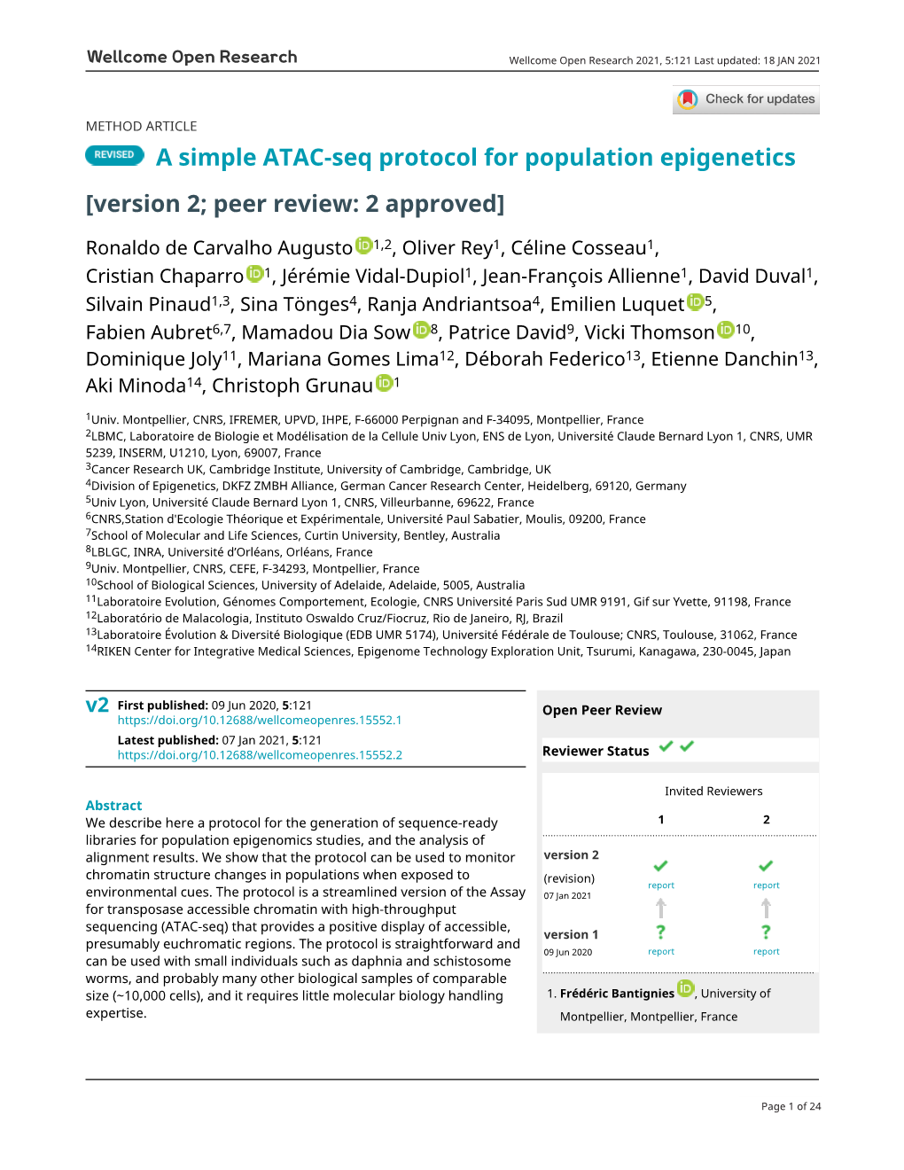 A Simple ATAC-Seq Protocol for Population Epigenetics [Version 2; Peer Review: 2 Approved]