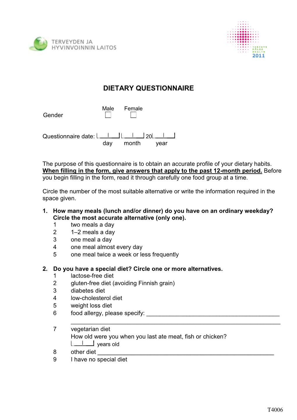 T4006 Dietary Questionnaire (Pdf 283