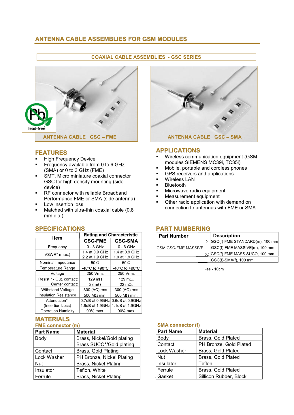 Antenna Cable Assemblies for Gsm Modules Features