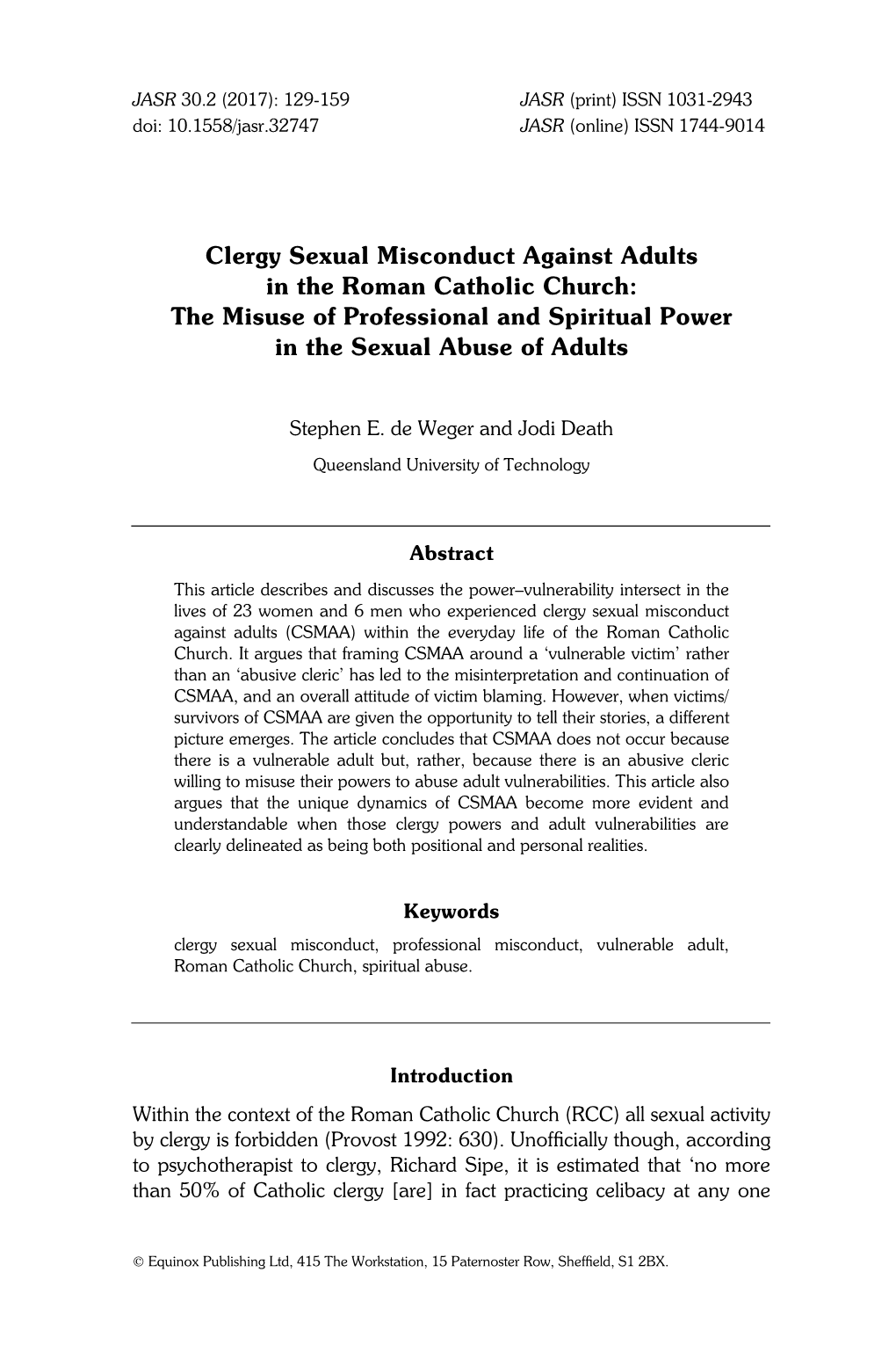 Clergy Sexual Misconduct Against Adults in the Roman Catholic Church: the Misuse of Professional and Spiritual Power in the Sexual Abuse of Adults