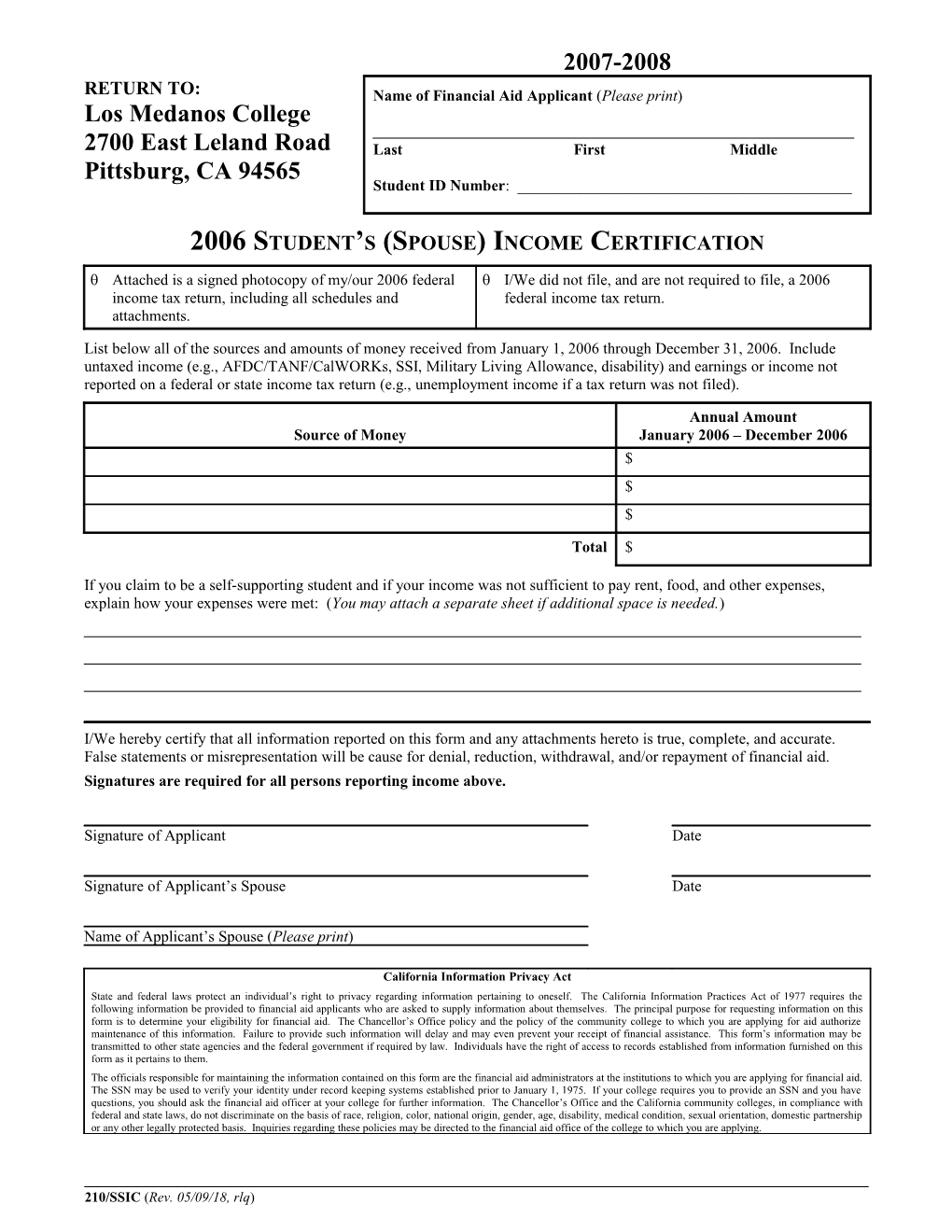 Student's (Spouse) Income Certification-1995