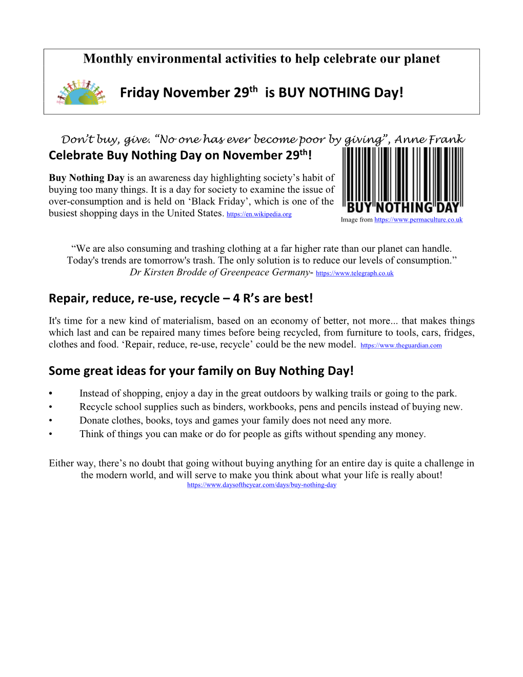 Buy Nothing Day 2017 Newsletter