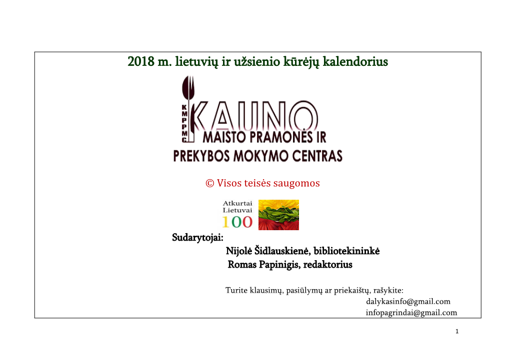 2018 M. Lietuvių Ir Užsienio Kūrėjų Kalendorius