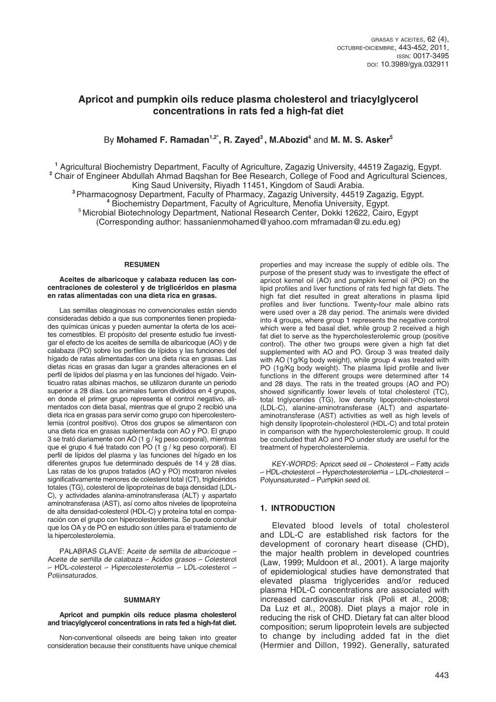 Apricot and Pumpkin Oils Reduce Plasma Cholesterol and Triacylglycerol Concentrations in Rats Fed a High-Fat Diet