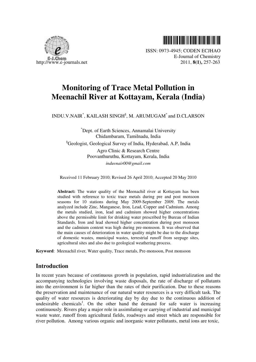 Monitoring of Trace Metal Pollution in Meenachil River at Kottayam, Kerala (India)