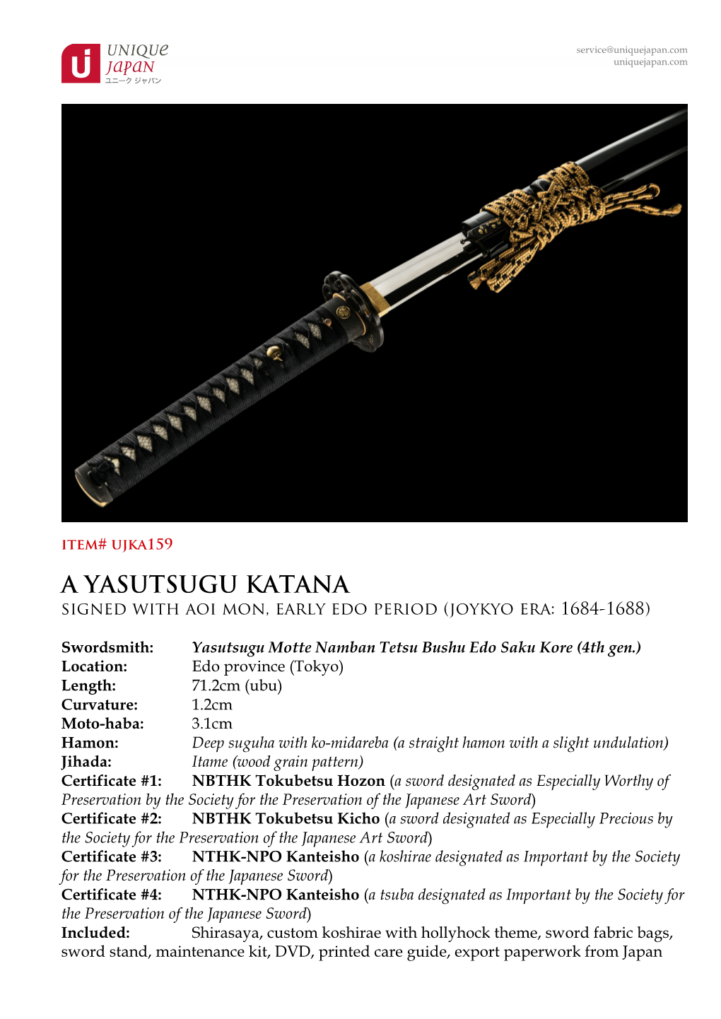 A YASUTSUGU KATANA Signed with Aoi Mon, Early Edo Period (Joykyo Era: 1684-1688)