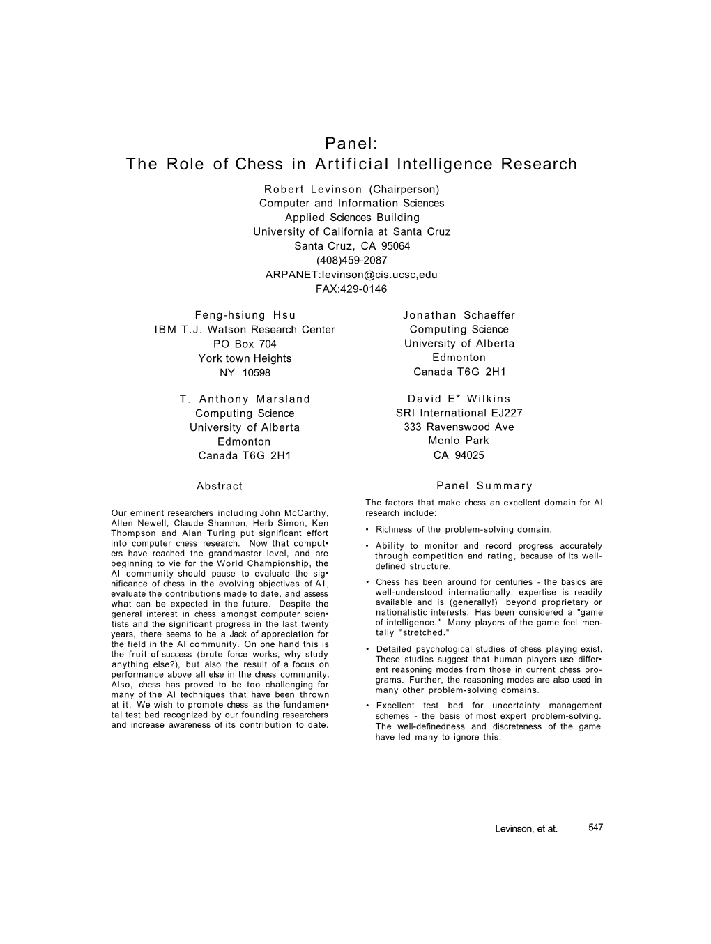 Panel: the Role of Chess in Artificial Intelligence Research