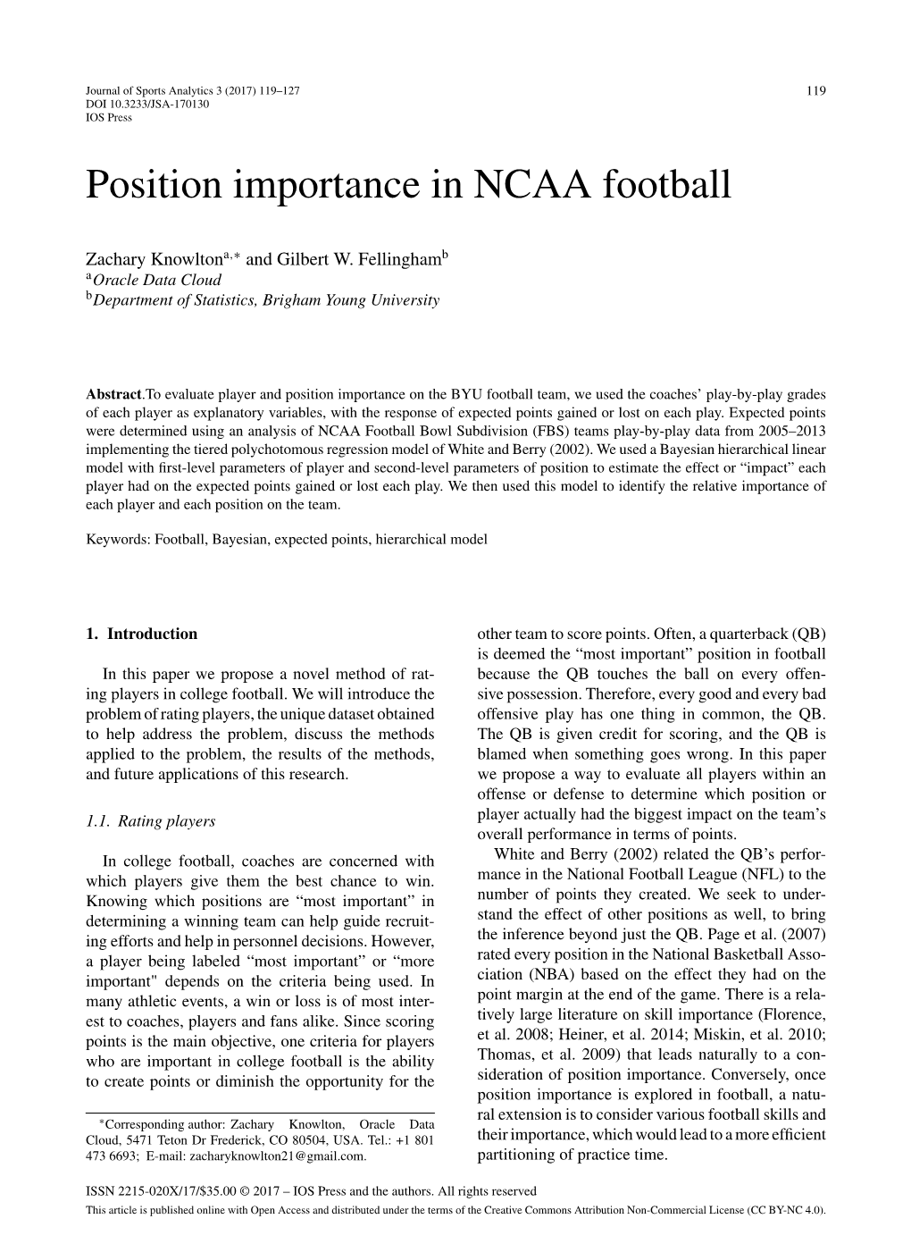 Position Importance in NCAA Football