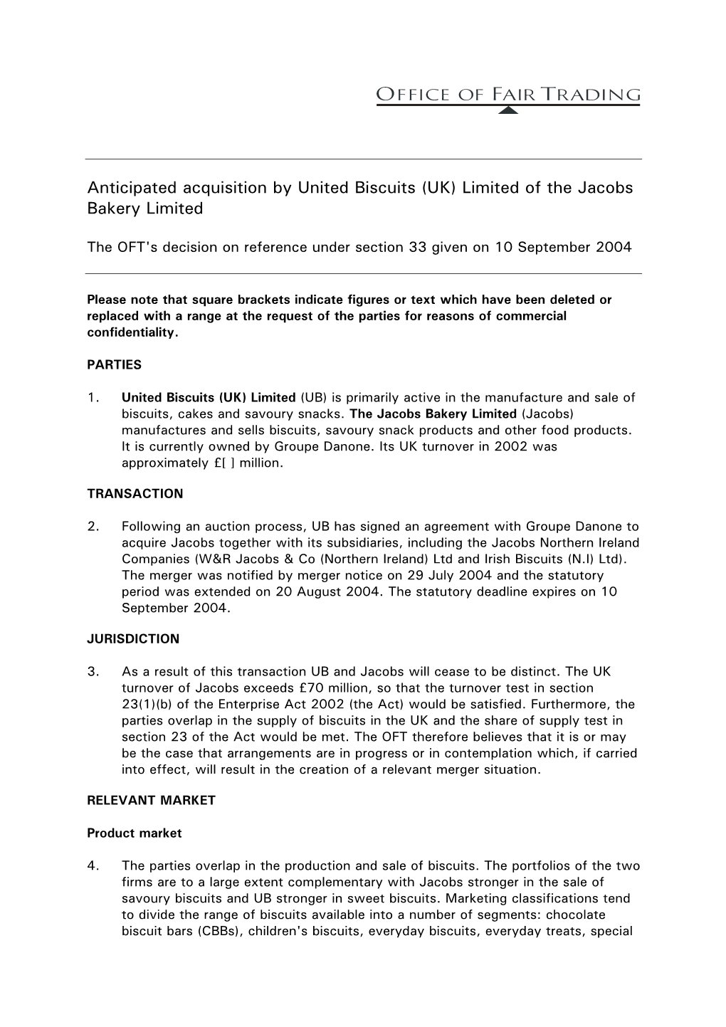 Anticipatedacquisition by United Biscuits (UK) Limited of the Jacobs
