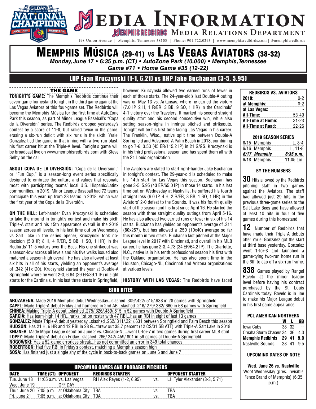 Edia Informationmedia Relations Department 198 Union Avenue | Memphis, Tennessee 38103 | Phone: 901.722.0293 | | @Memphisredbirds