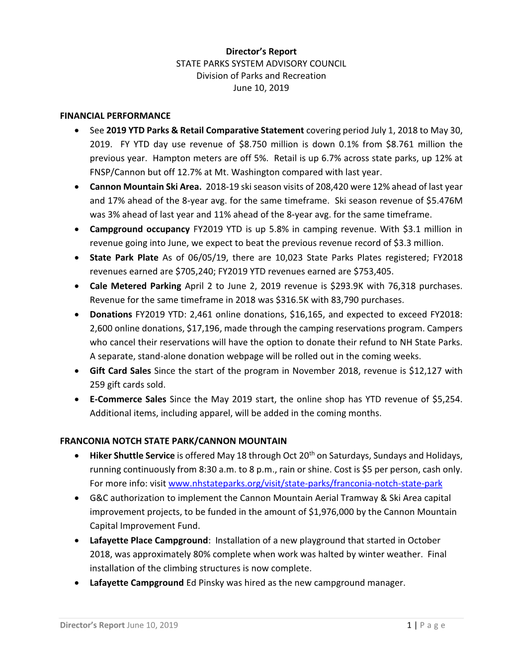 State Park Director's Report