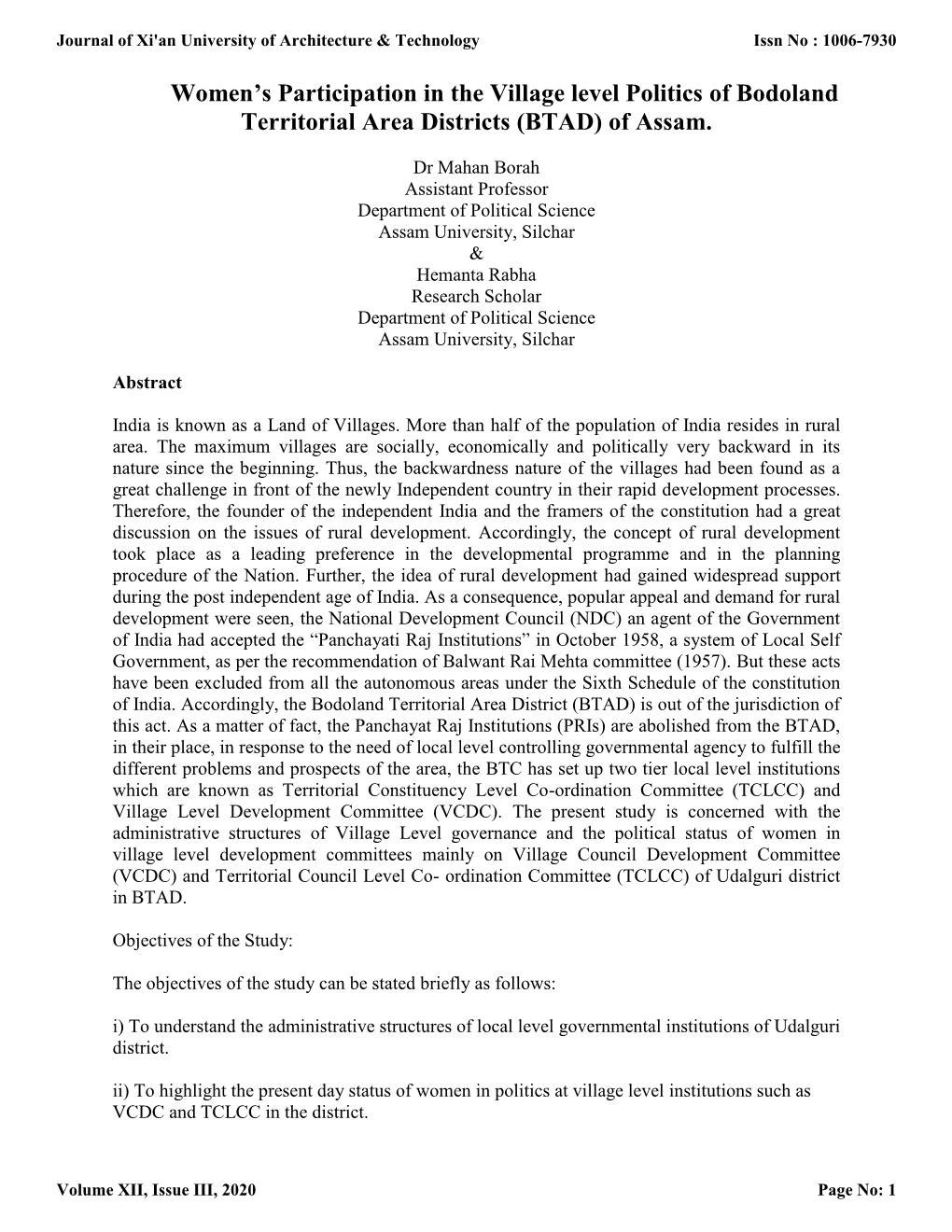 Women's Participation in the Village Level Politics of Bodoland Territorial