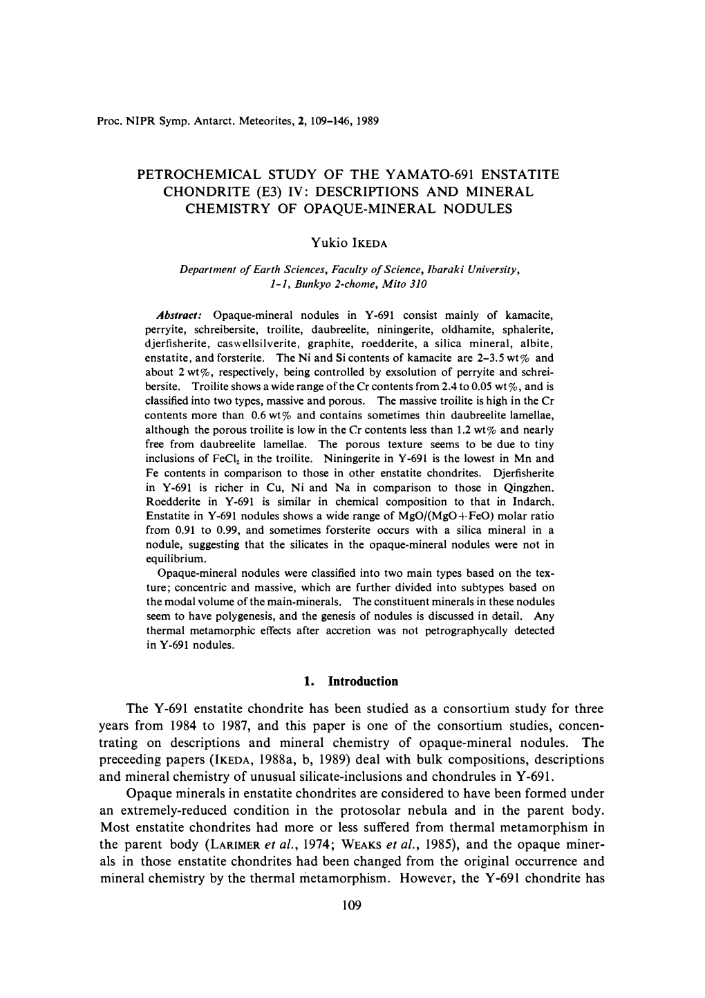 Petrochemical Study of the Yamat0-691 Enstatite Chondrite (E3) Iv: Descriptions and Mineral Chemistry of Opaque-Mineral Nodules