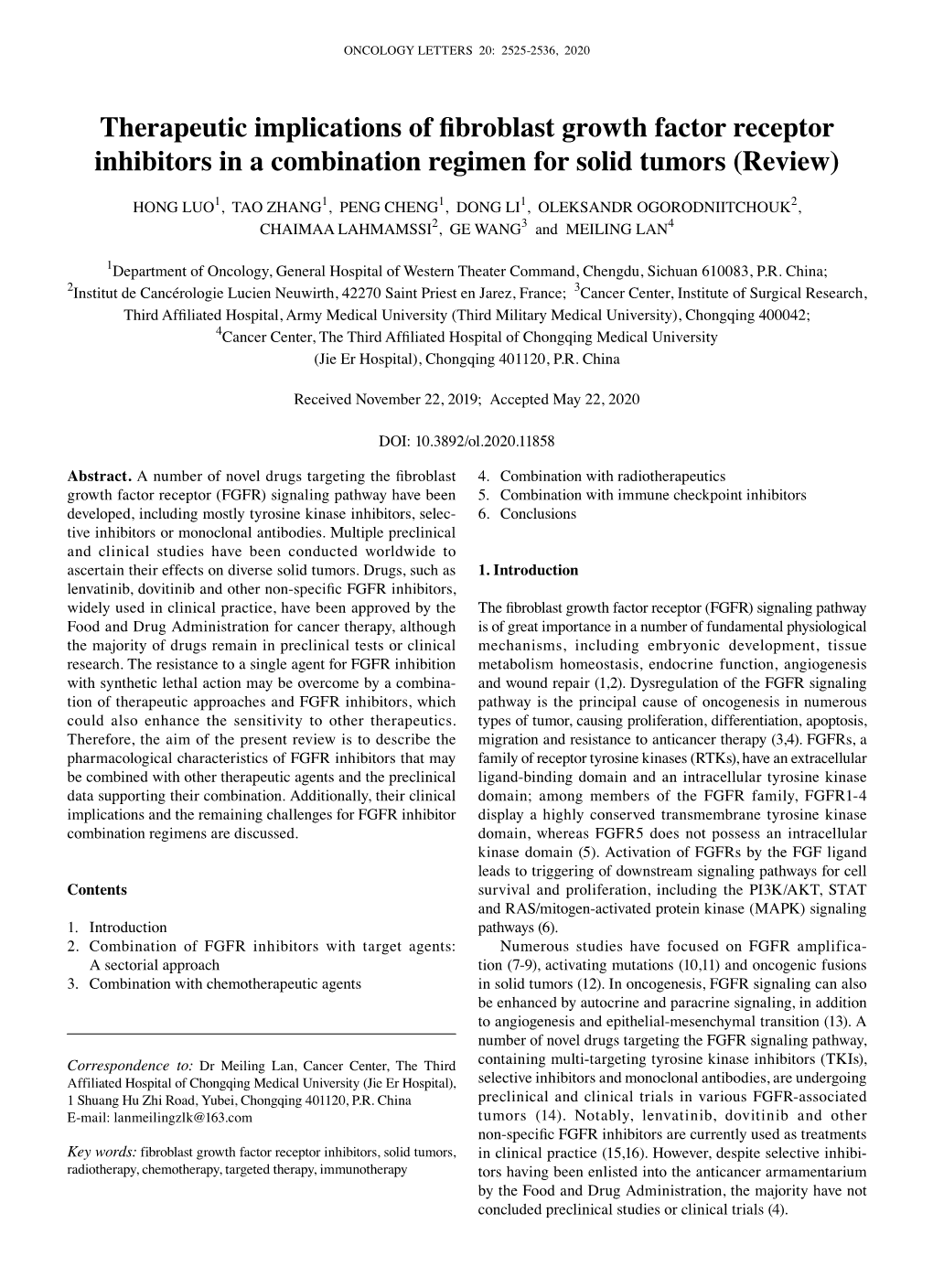 Therapeutic Implications of Fibroblast Growth Factor Receptor Inhibitors in a Combination Regimen for Solid Tumors (Review)