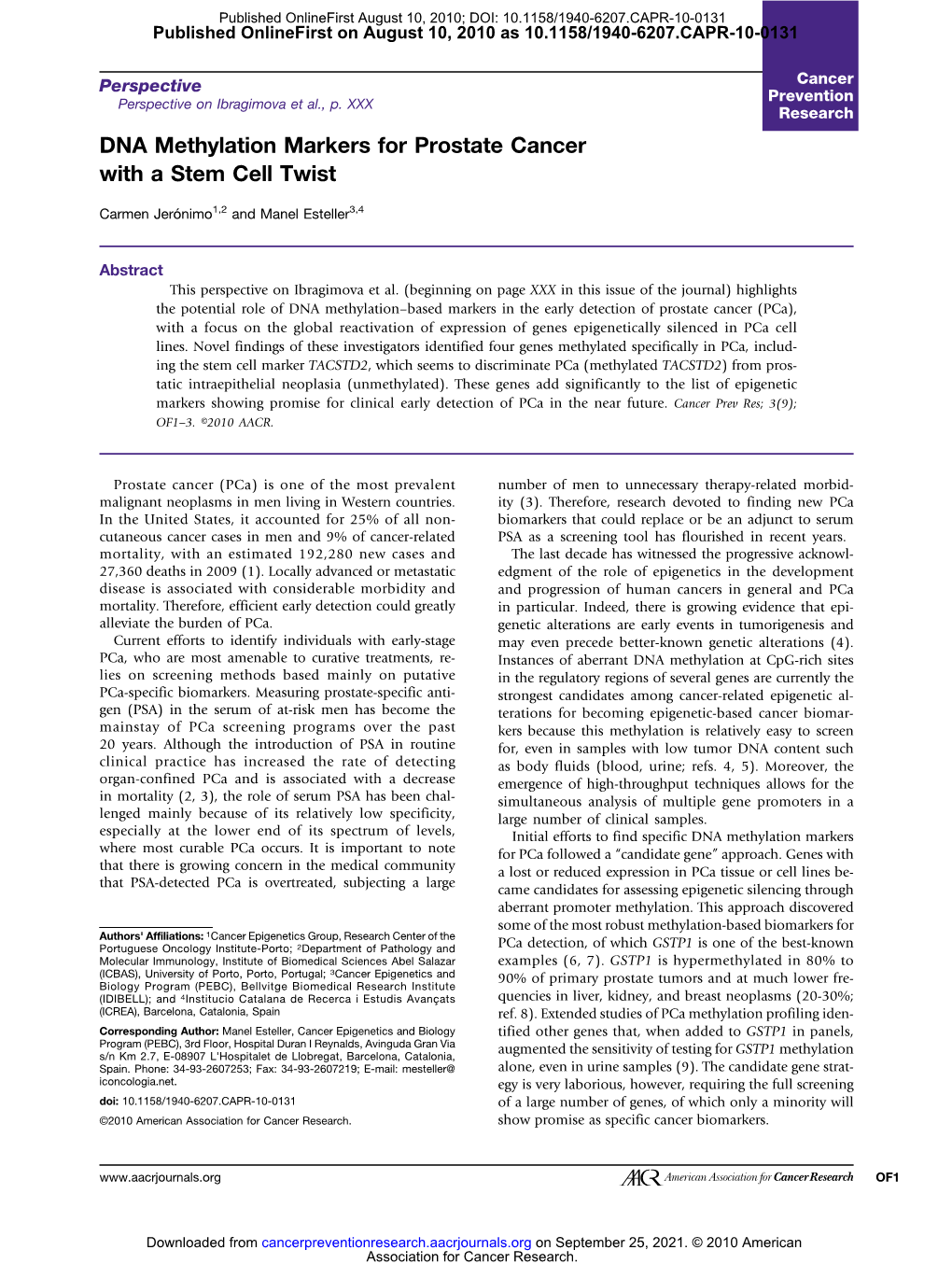 DNA Methylation Markers for Prostate Cancer with a Stem Cell Twist