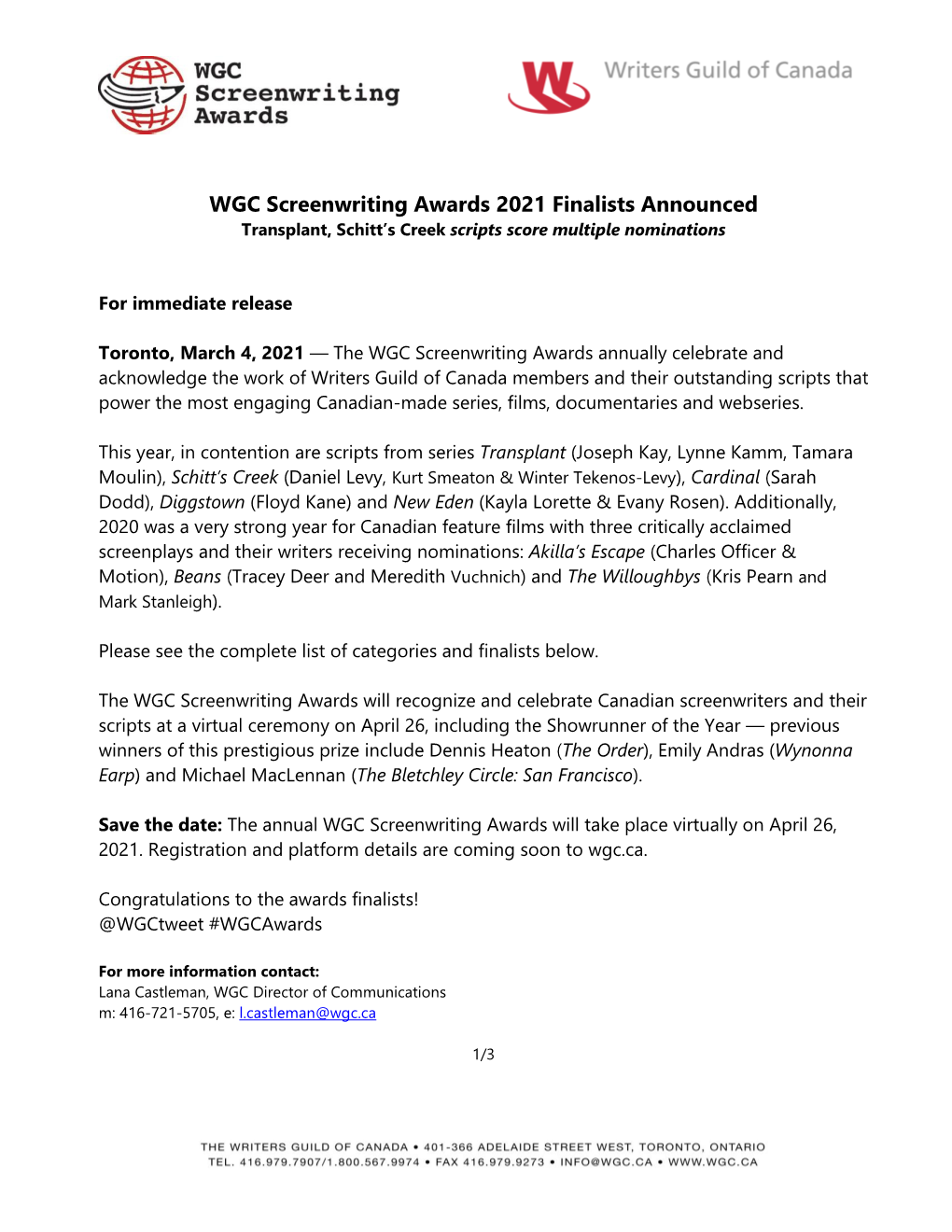 2021 WGC Screenwriting Awards Nominees Announced