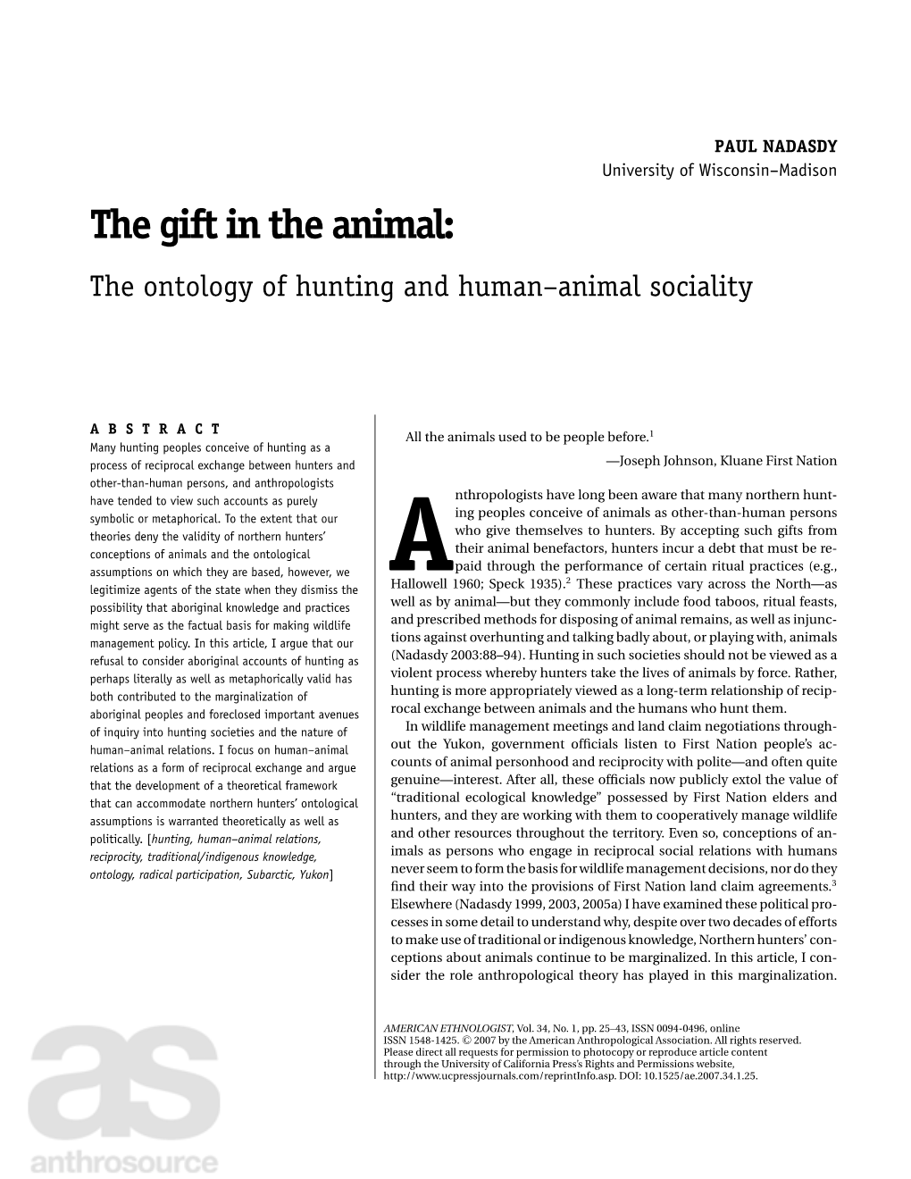 The Gift in the Animal: the Ontology of Hunting and Human-Animal Sociality