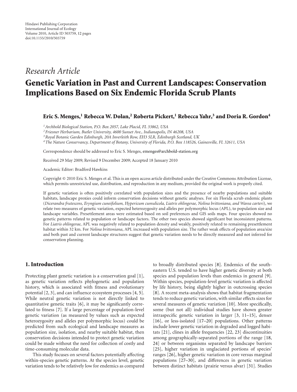 Genetic Variation in Past and Current Landscapes: Conservation Implications Based on Six Endemic Florida Scrub Plants