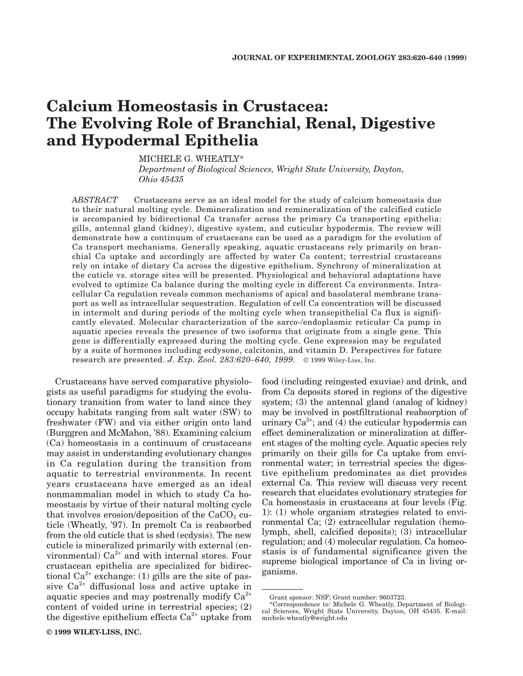 Calcium Homeostasis in Crustacea: the Evolving Role of Branchial, Renal, Digestive and Hypodermal Epithelia MICHELE G