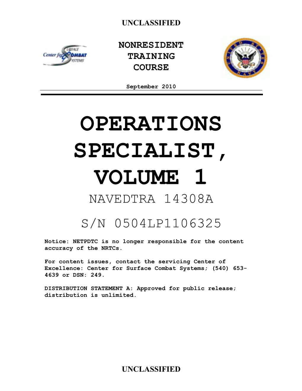 Operations Specialist, Volume 1 Navedtra 14308A
