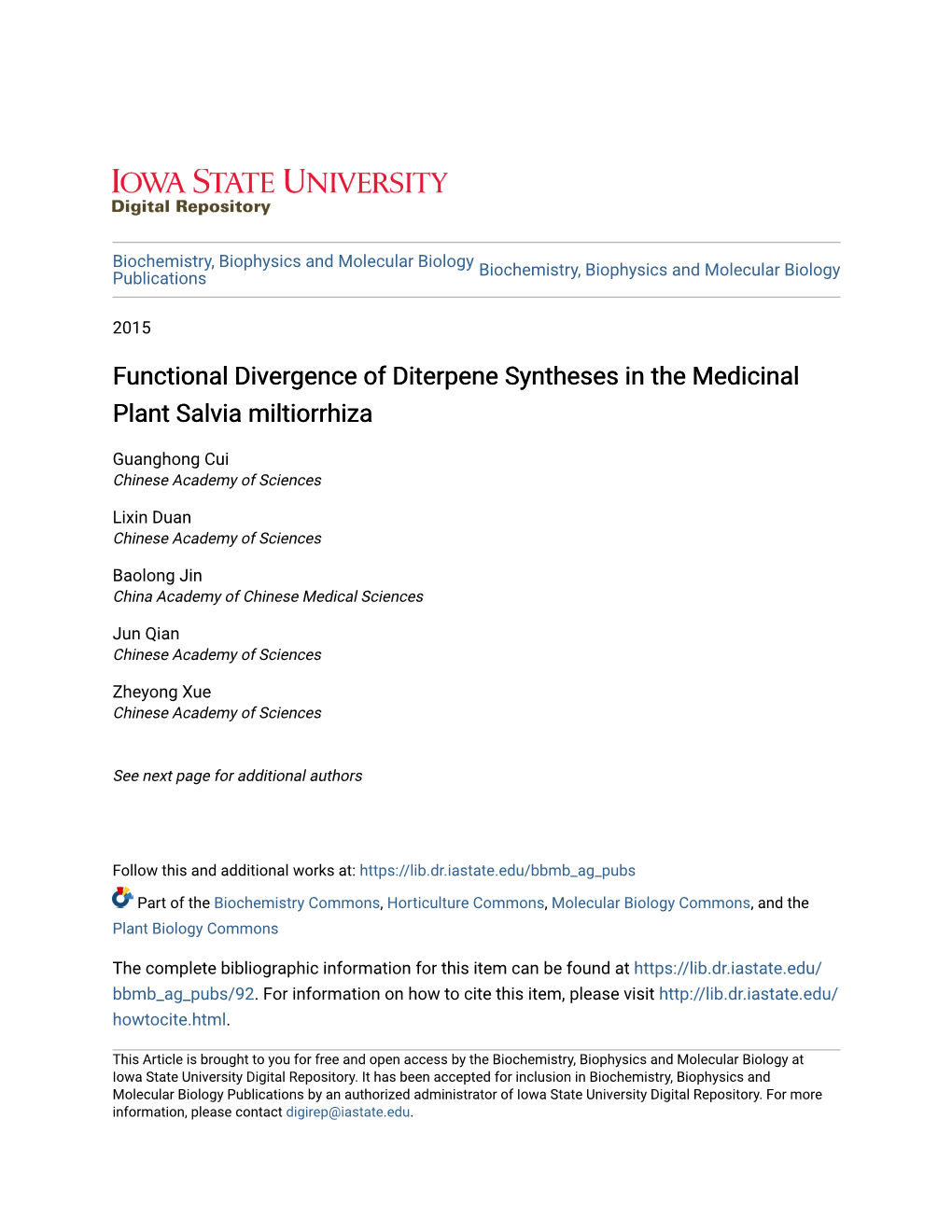 Functional Divergence of Diterpene Syntheses in the Medicinal Plant Salvia Miltiorrhiza